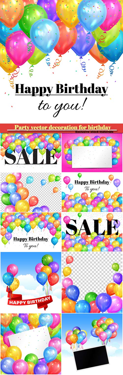 Party vector decoration for birthday, colorful helium balloons