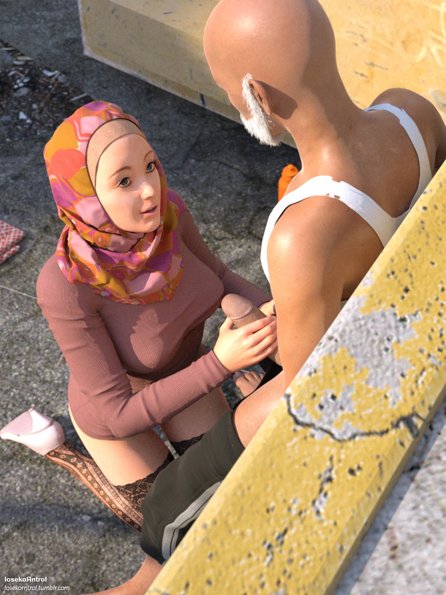 Arabian looking girl gives blowjob to an old homeless man in back alley