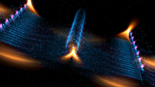 Orange Halo on Blue Particle Waves in Space
