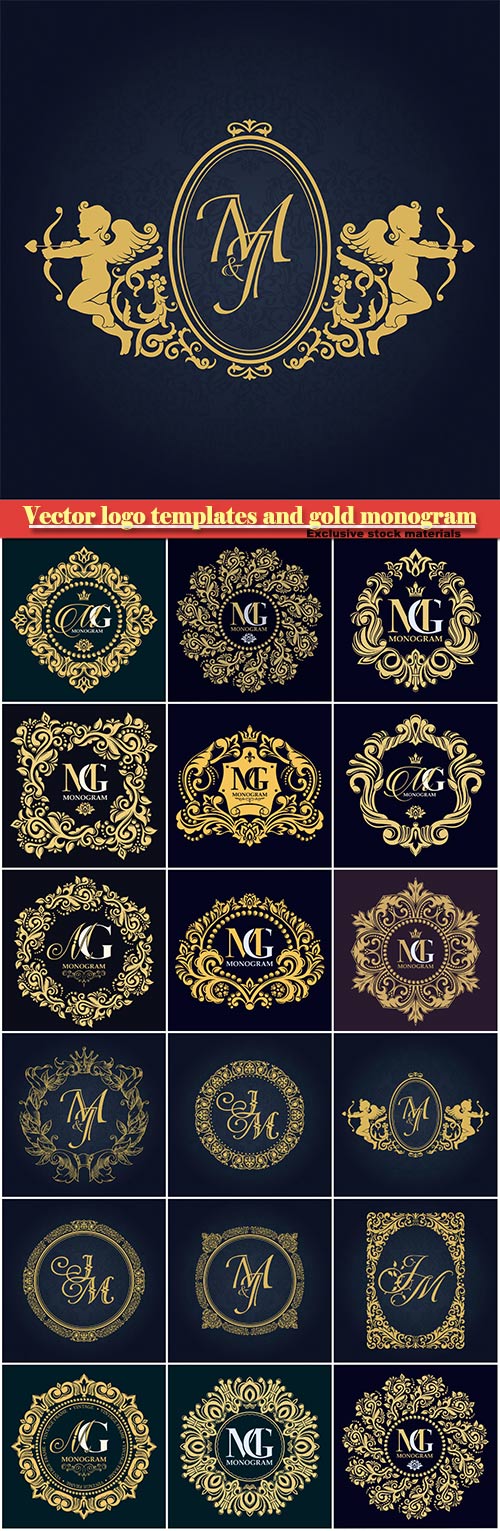 Vector logo templates and gold monogram, decorative frame