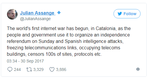 По словам Ассанжа, из-за Каталонии возникла «первая в мире интернет-война»