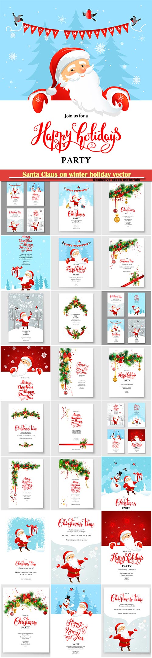 Santa Claus on winter holiday vector invitation, Christmas sample for banners, advertising, leaflet, cards