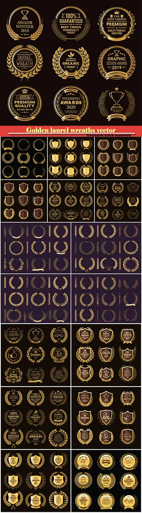 Golden laurel wreaths vector, emblems, logos