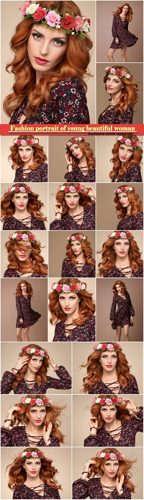 Beautiful curly redhead in fashion flower wreath