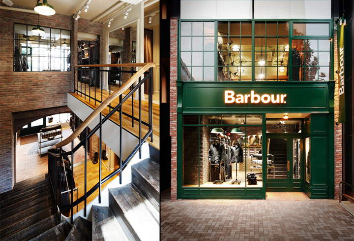 Классический колониальный стиль в дизайне головного брендового магазина barbour, токио, япония