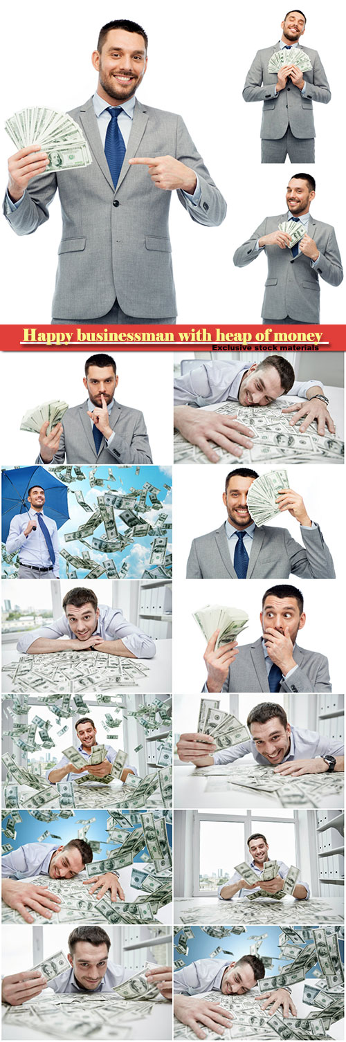 Happy businessman with heap of money in office