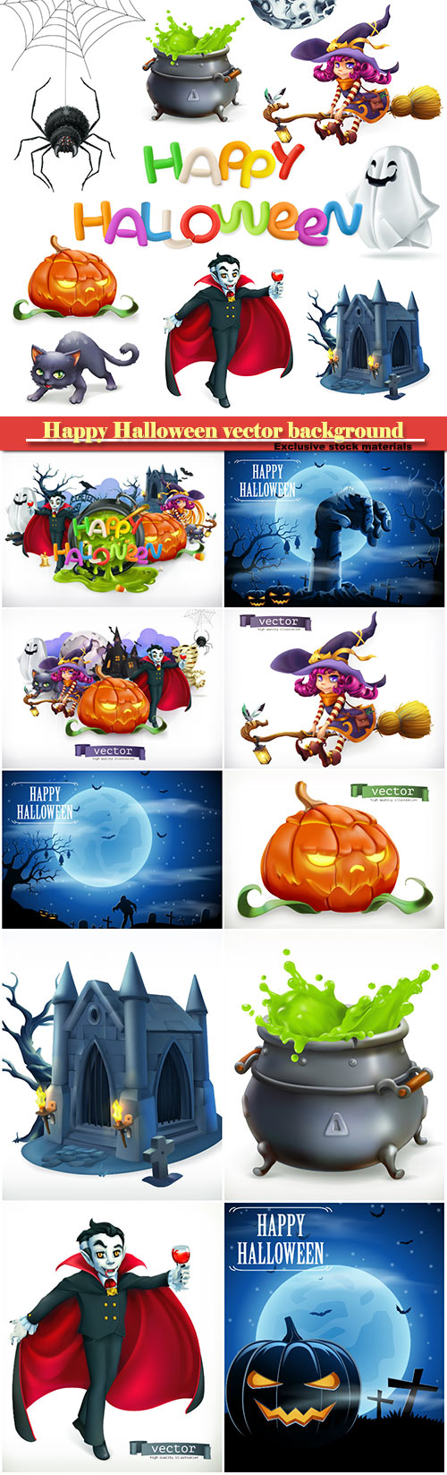 Happy Halloween vector background, pumpkin, spider, cat, witch, vampire, cr ...