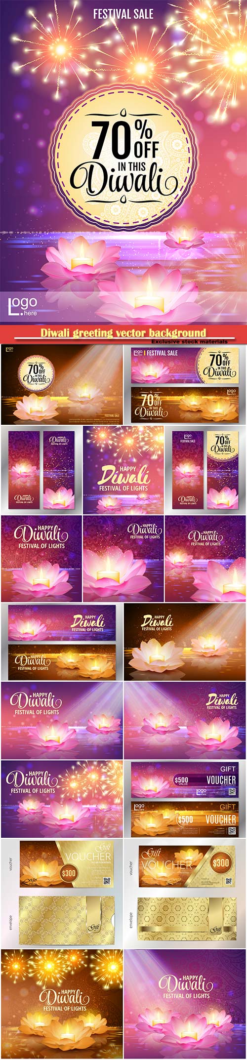 Diwali greeting vector background, lotus oil lamp