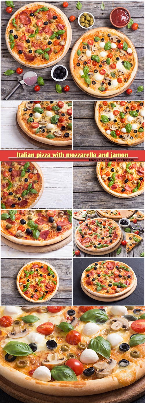 Italian pizza with mozzarella and jamon