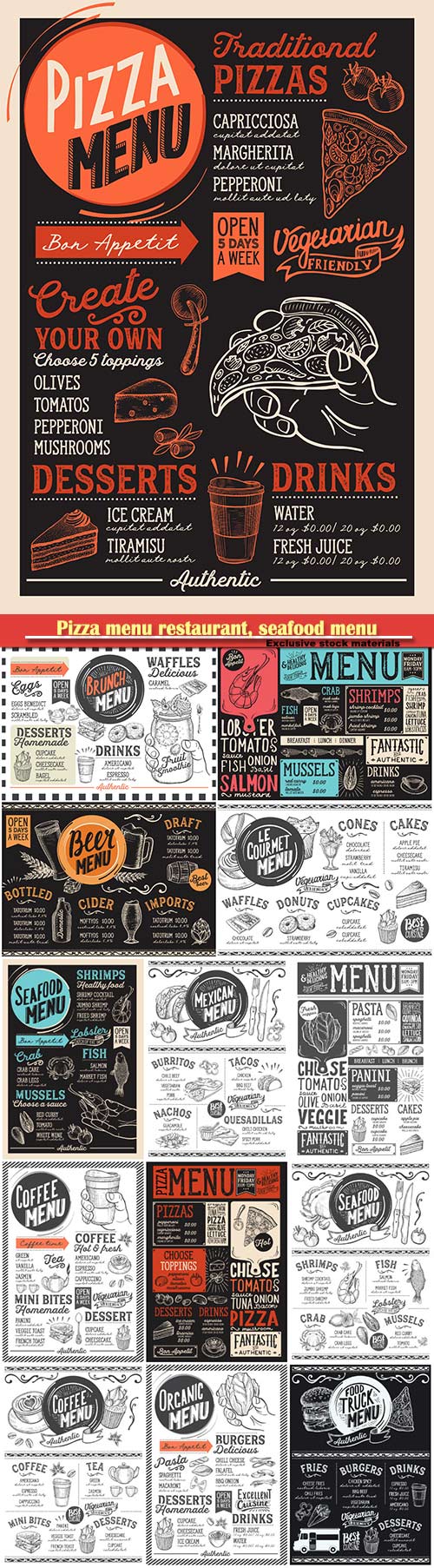 Pizza menu restaurant, seafood menu vector template